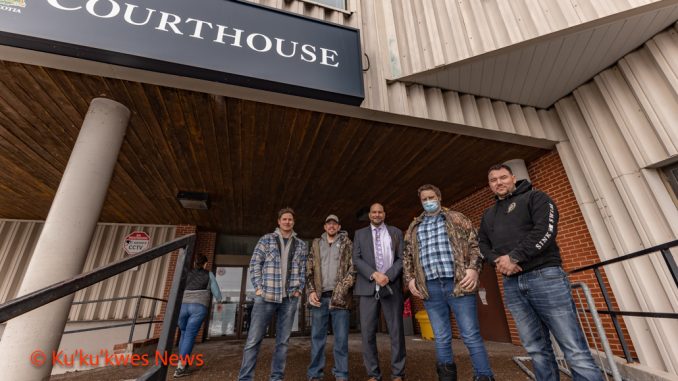 Four Mi'kmaw fishermen stand with their lawyer, Michael McDonald at Darrtmouth Provincial Court Mar. 6, 2023/Photo by Stephen Brake